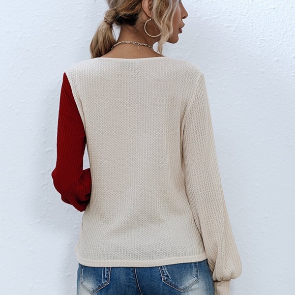 Boho waffle knit color block long sleeve top RED - Picture 3 of 4